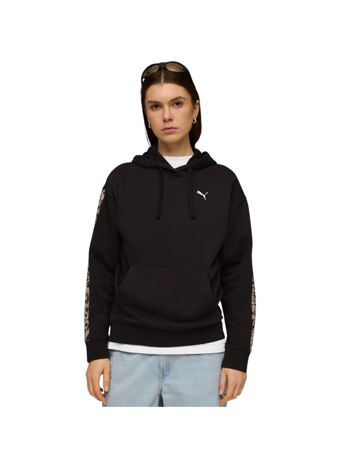 Puma ESS Graphic Animal Comfort Hoodie moteriškas džemperis su gobtuvu, juodas Puma ESS Graphic Animal Comfort Hoodie moteriškas džemperis su gobtuvu, juodas