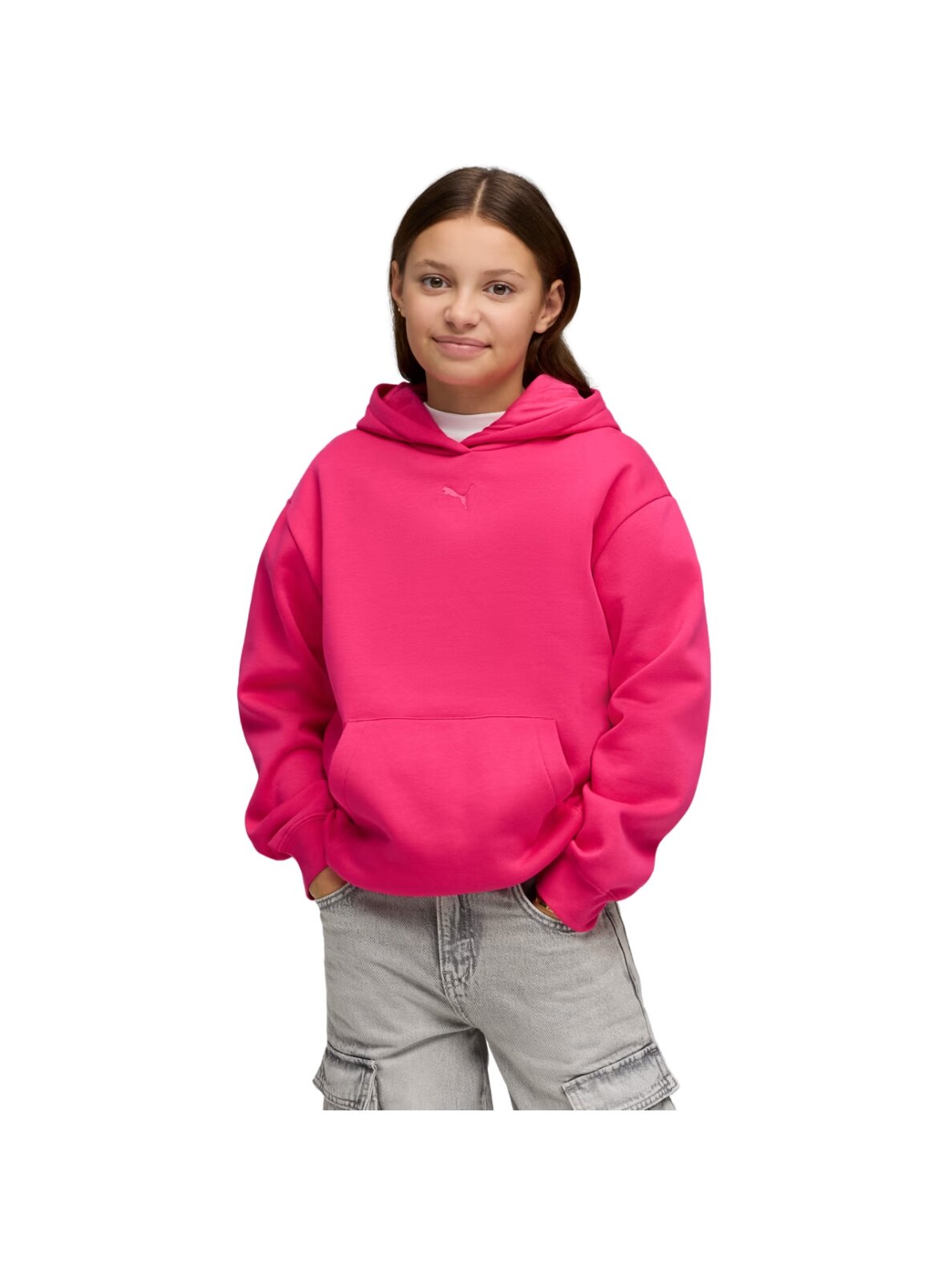Puma ESS Centered Cat Logo Relaxed Hoodie vaikams džemperis su gobtuvu fuksia