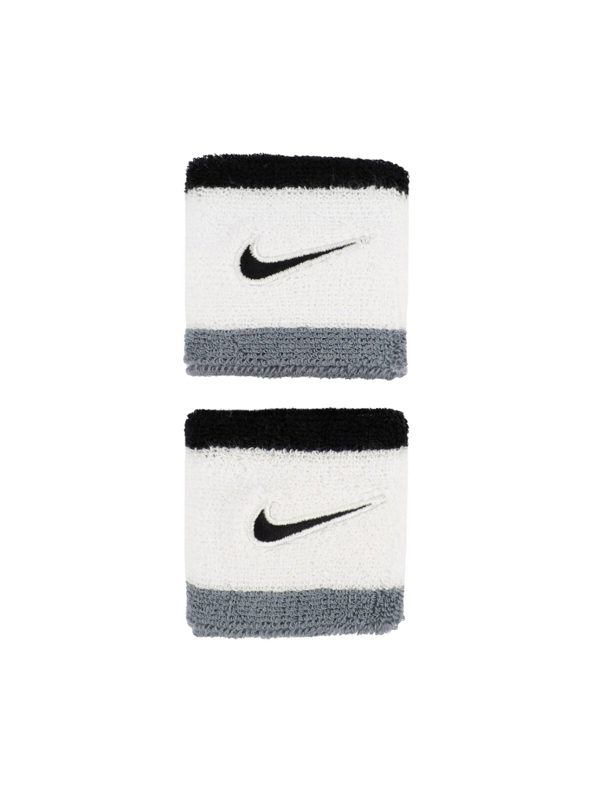 Nike Swoosh riešų apyrankės 2 vnt. balta-juoda-pilka N1012405122OS Nike Swoosh riešų apyrankės 2 vnt. balta-juoda-pilka N1012405122OS