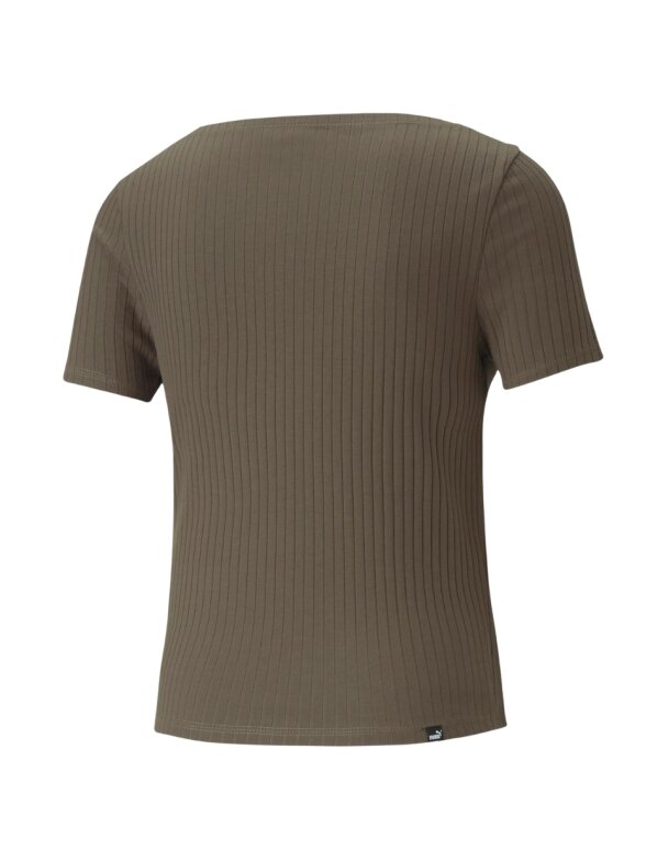 Puma HER Ribbed Slim Tee Grape Leaf chaki moteriški marškinėliai 531917 44 1 Puma HER Ribbed Slim Tee Grape Leaf chaki moteriški marškinėliai 531917 44 1