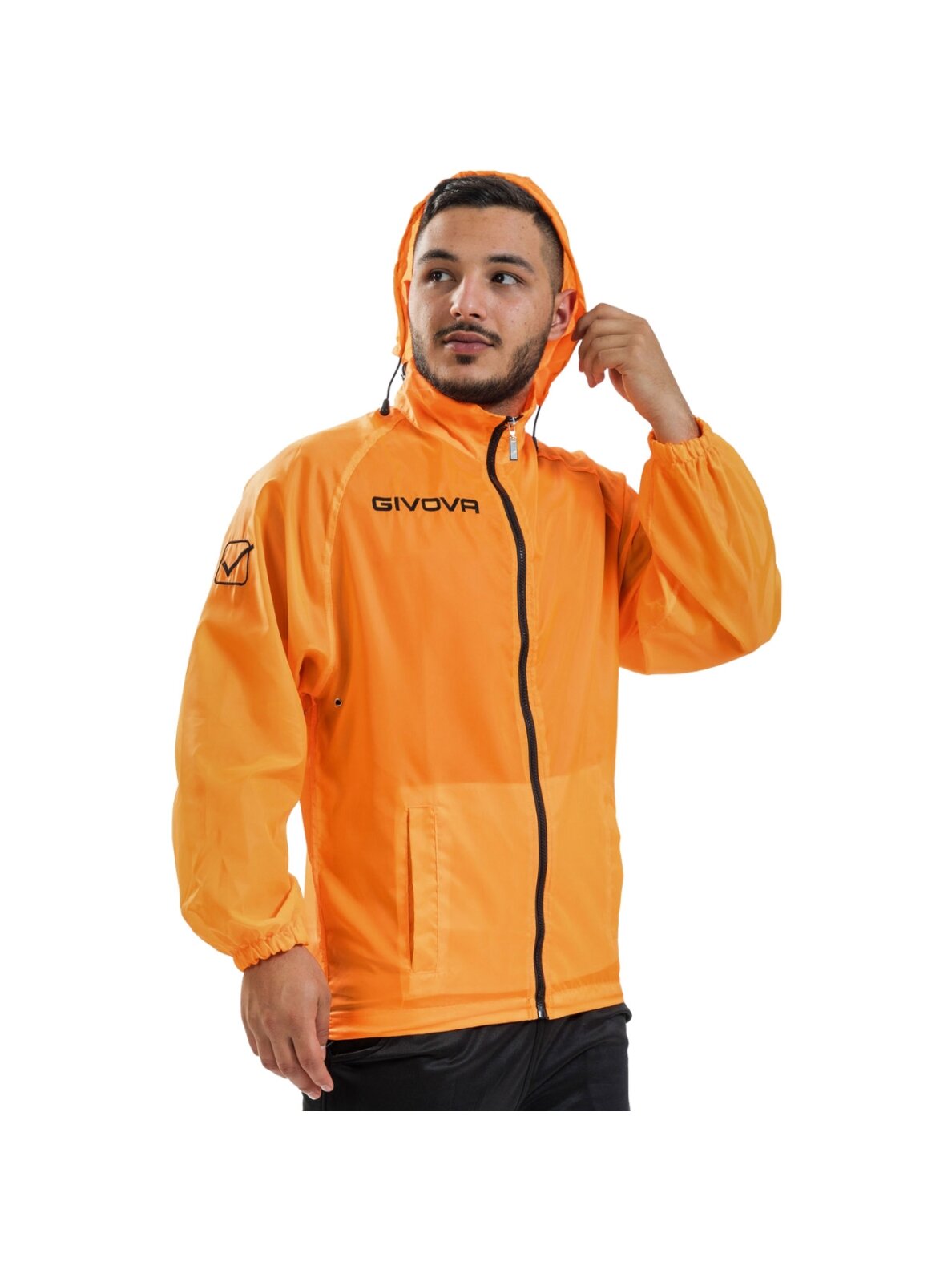 Givova Rain Basico Fluo vyriškas liuminescencinės oranžinės spalvos lietpaltis RJ001 0028