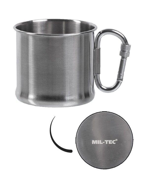 MIL-TEC 500ml nerūdijančio plieno puodelis su karabinu 1 MIL-TEC 500ml nerūdijančio plieno puodelis su karabinu 1
