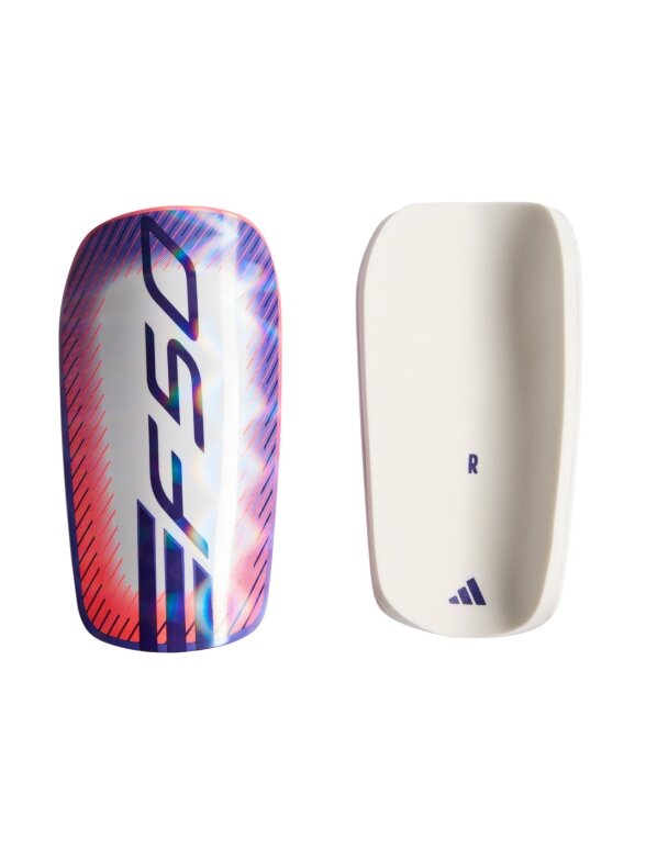 Adidas F50 EU Club futbolo blauzdų apsaugos, baltos-violetinės-oranžinės, KE5202 Adidas F50 EU Club futbolo blauzdų apsaugos, baltos-violetinės-oranžinės, KE5202