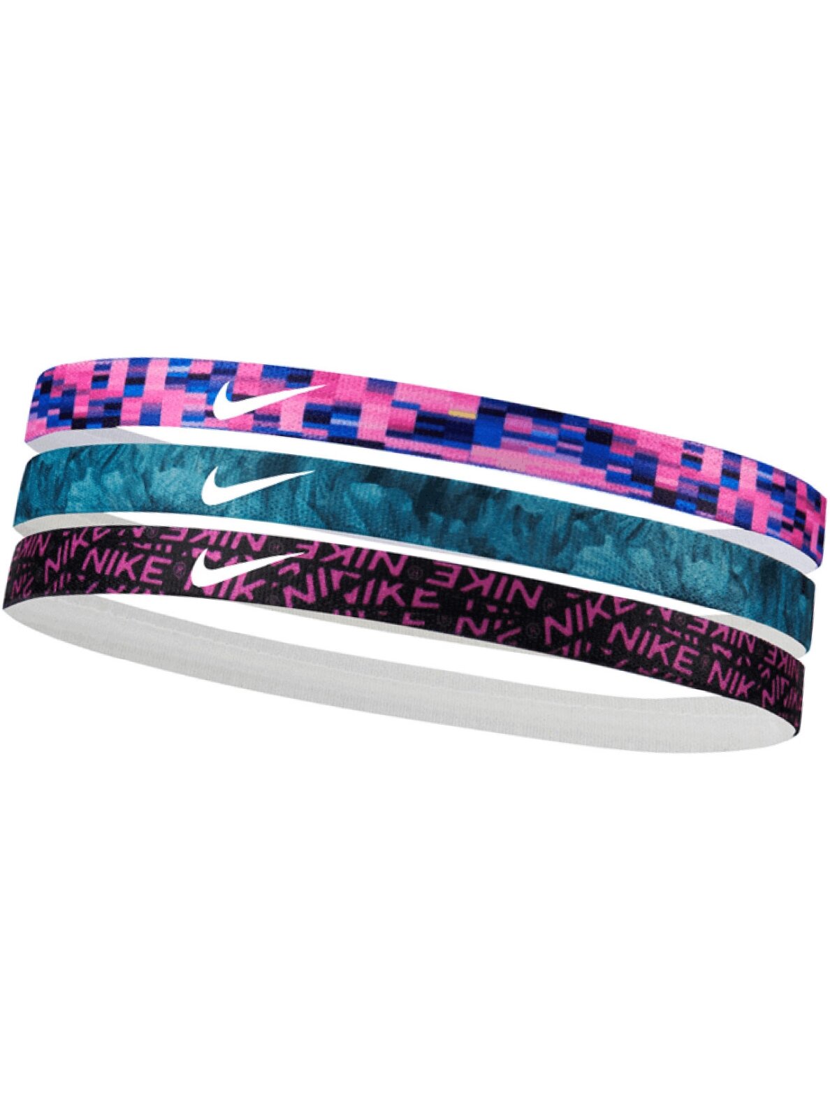 Nike Printed plaukų juostos 3 vnt. rožinė, mėlyna, juoda N0002560608OS Nike Printed plaukų juostos 3 vnt. rožinė, mėlyna, juoda N0002560608OS
