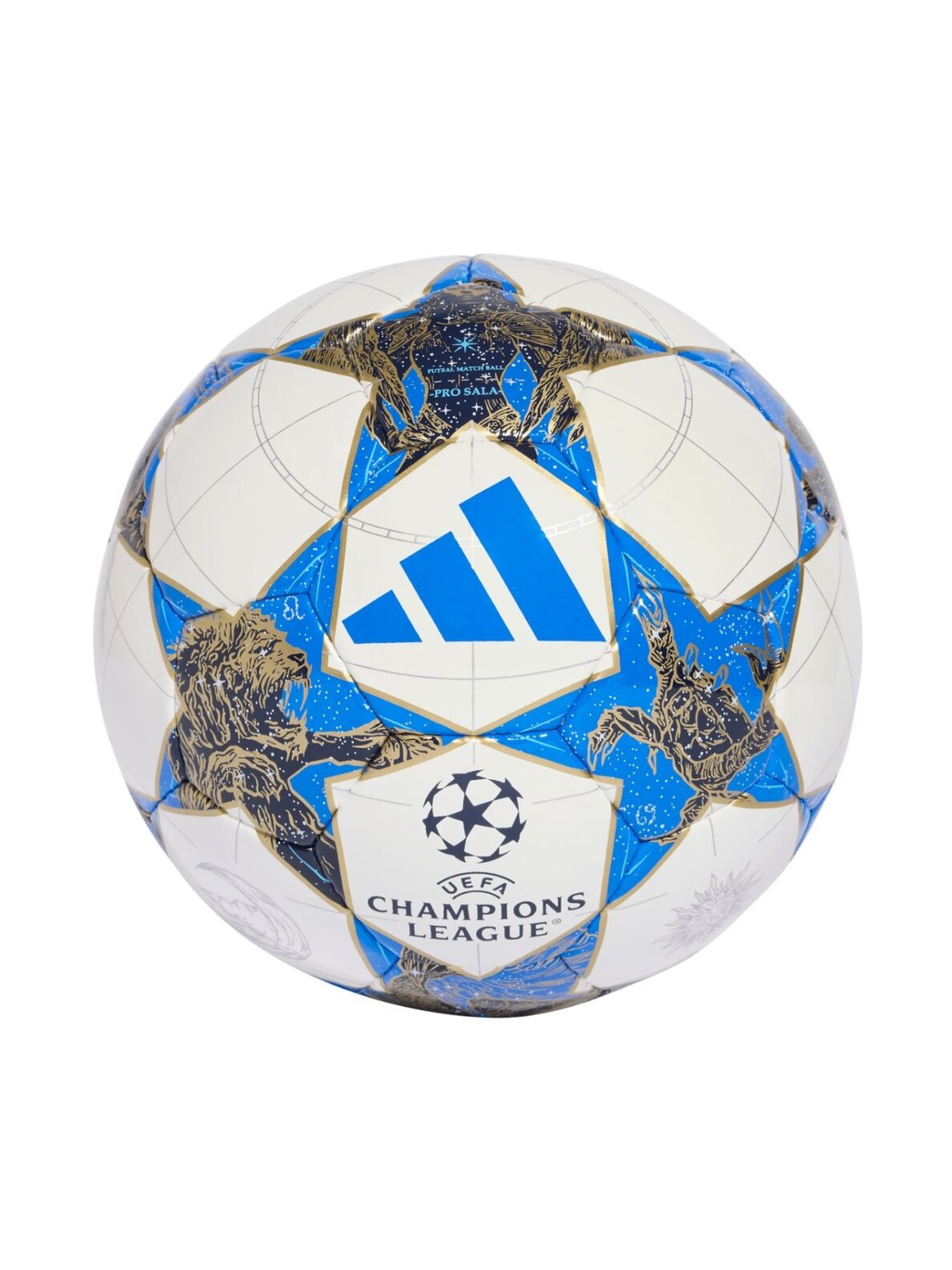 Adidas UCL Pro Sala 25/26 League Stage futbolo kamuolys balta-mėlyna-auksinė JP1546