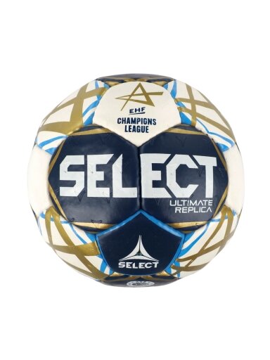 Select Ultimate Champions League Replica 3 v25 Official EHF rankinio kamuolys, II kokybės, baltas-tamsiai mėlynas-auksinis, 13519/270061