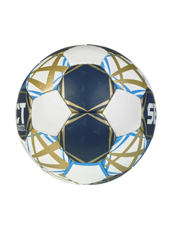 Select Ultimate Champions League Replica 3 v25 Official EHF rankinio kamuolys baltas-tamsiai mėlynas-aukso spalvos 1