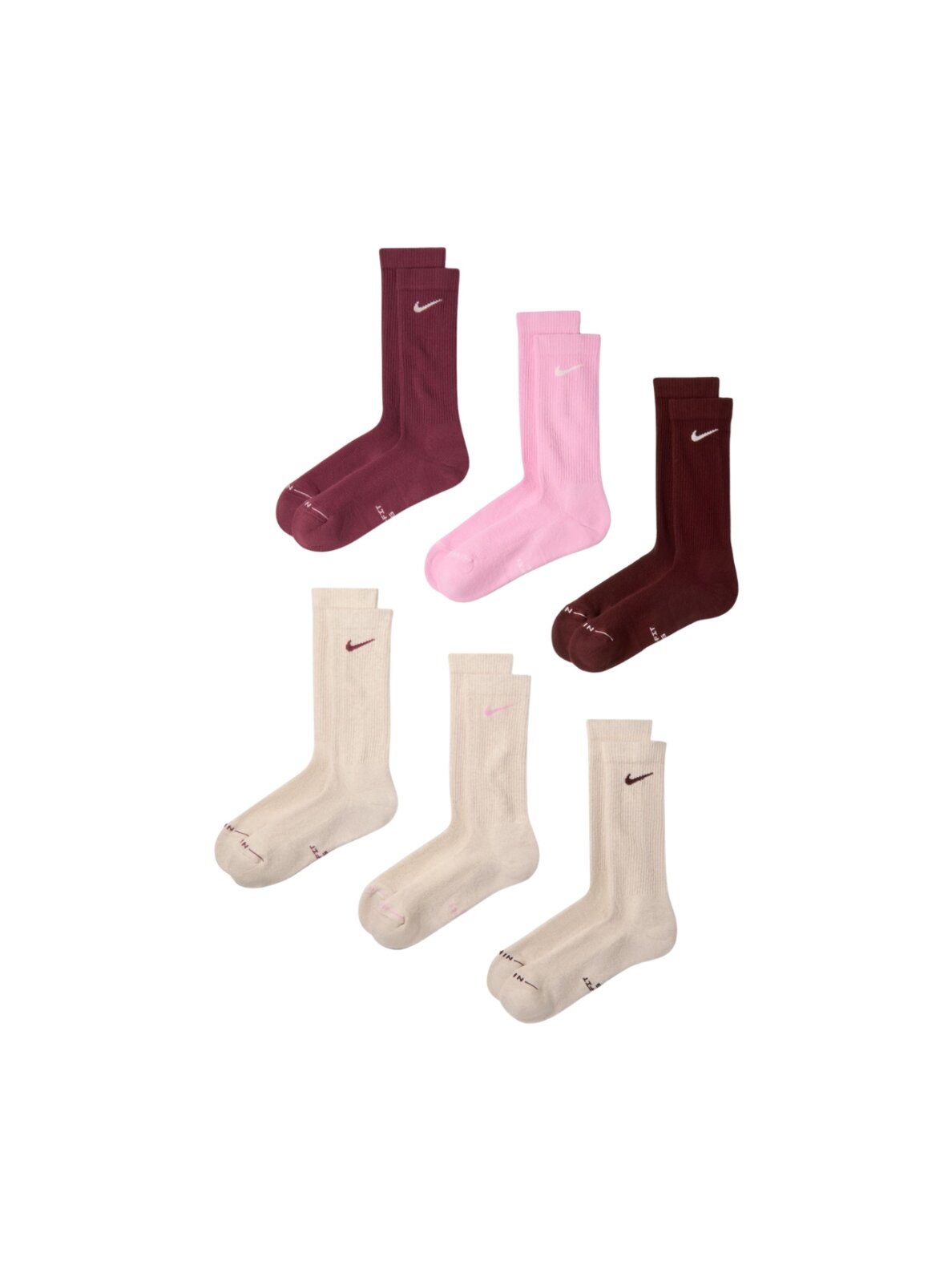 Nike Everyday Elevated kojinės 6 poros smėlio, bordo, rožinės spalvos HQ8021 910 Nike Everyday Elevated kojinės 6 poros smėlio, bordo, rožinės spalvos HQ8021 910