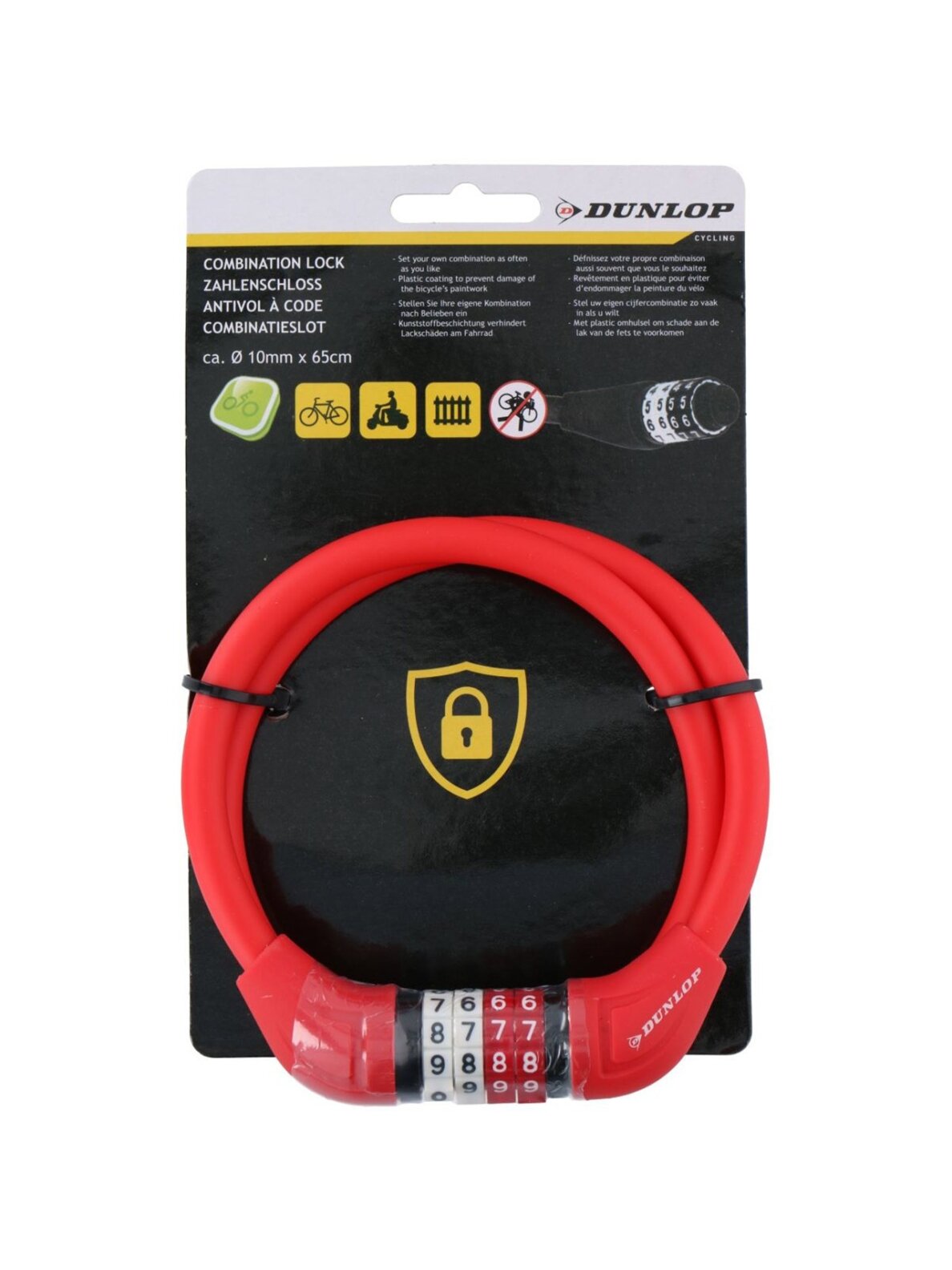 Dunlop dviračio užraktas, trosas, kodas 10 mm x 65 cm raudona 180861 Dunlop dviračio užraktas, trosas, kodas 10 mm x 65 cm raudona 180861
