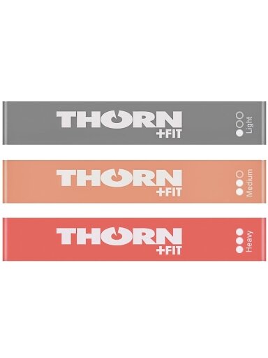 Thorn Fit Lady atsparumo juostos rinkinys iš 3 mankštos juostų.