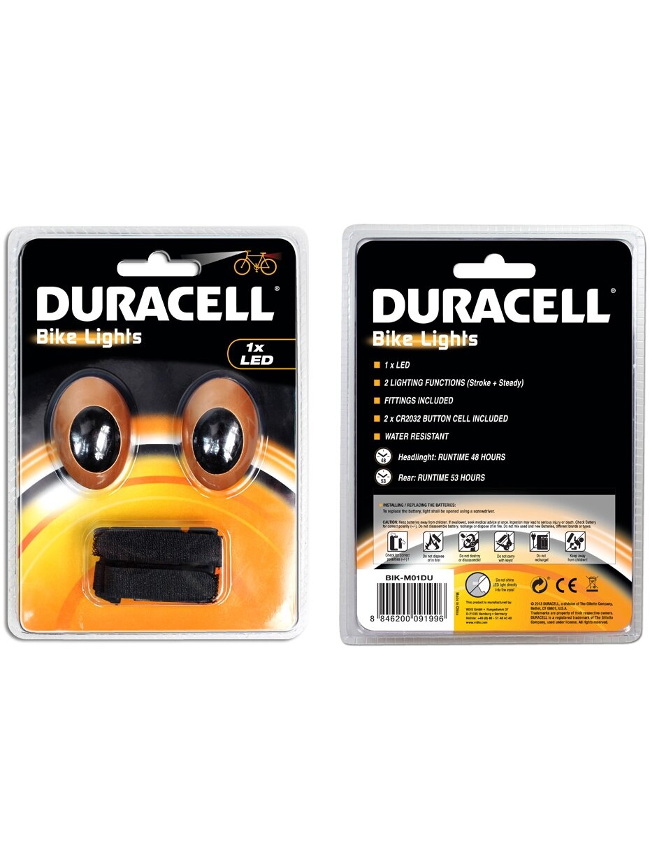 Duracell priekinės ir galinės dviračio lempos komplektas 1 LED 00919